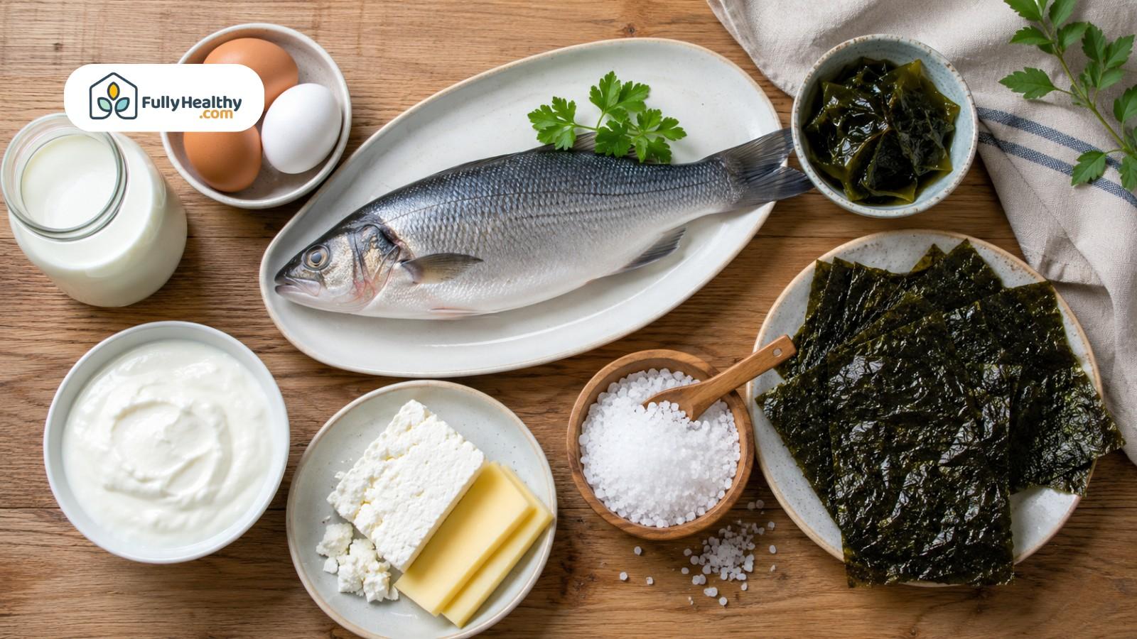 Overhead display of seafood dairy eggs and seaweed with kosher salt for iodine sources