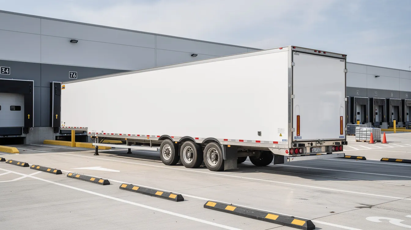 An enclosed auto transport trailer is parked at a loading facility, ready for car shipping services. This secure trailer is designed to transport high-value vehicles safely, ensuring they arrive at their destination without exposure to the elements.