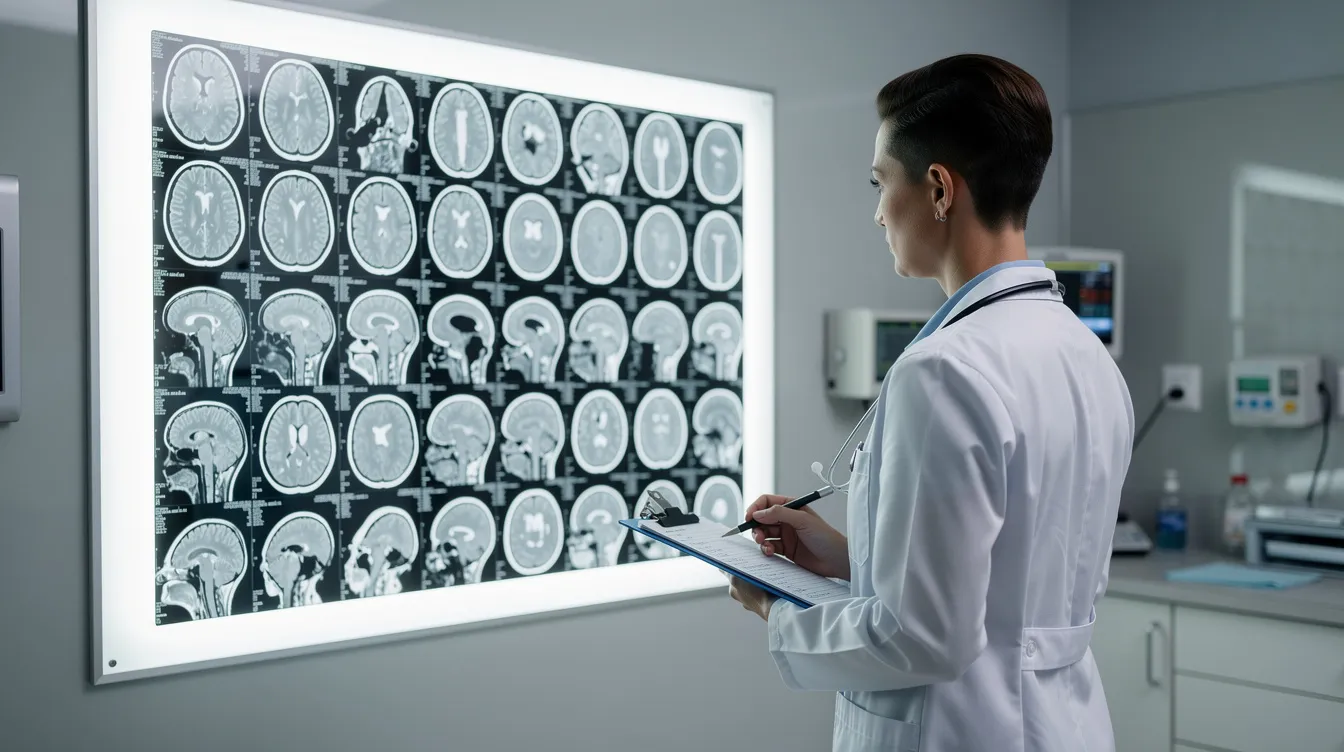 A medical professional is examining brain scans on a light board in a clinical setting, highlighting the importance of accurate medical records in personal injury cases, especially those involving traumatic brain injuries. This visual emphasizes the need for experienced personal injury attorneys to help injury victims seek fair compensation for medical expenses and lost wages.