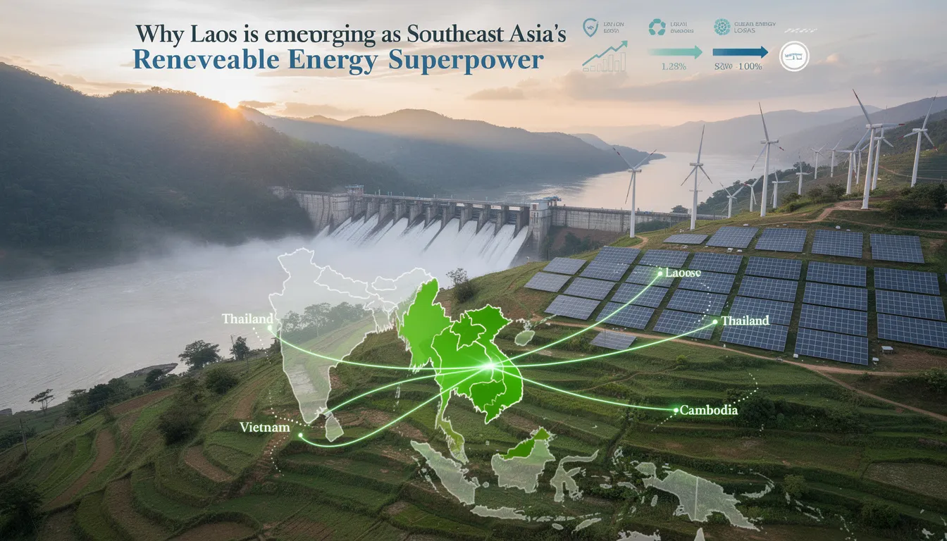 The image depicts a vibrant landscape in Laos showcasing various renewable energy projects, including solar and wind power installations, which highlight the country's emergence as Southeast Asia's renewable energy superpower. The scene emphasizes the role of clean energy sources, such as solar and wind energy, in meeting the rising electricity demand and promoting energy security in the region.