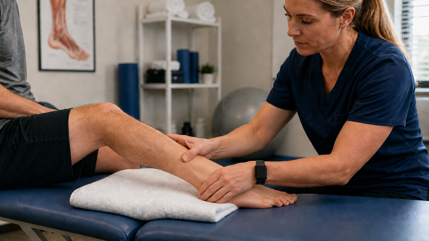 Physical therapist examining heel and ankle to assess cause of foot pain
