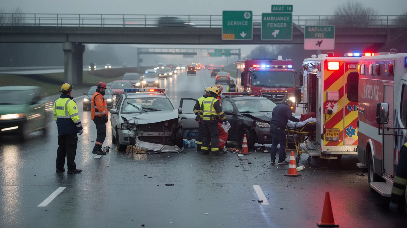 The image depicts emergency responders attending to a vehicle accident scene on a highway, where multiple parties may be involved in determining fault. The scene likely includes visible vehicle damage and responders working to assist injured individuals while documenting the accident for police reports and insurance companies.