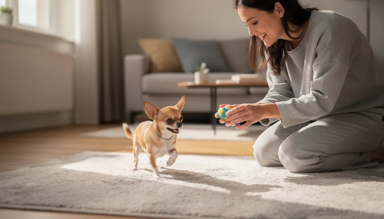 Na zdjęciu widać małego chihuahua merle, który bawi się z właścicielem w przytulnym wnętrzu domu. Szczeniak w umaszczeniu merle radośnie skacze, a jego właściciel uśmiecha się, co pokazuje ich bliską więź.