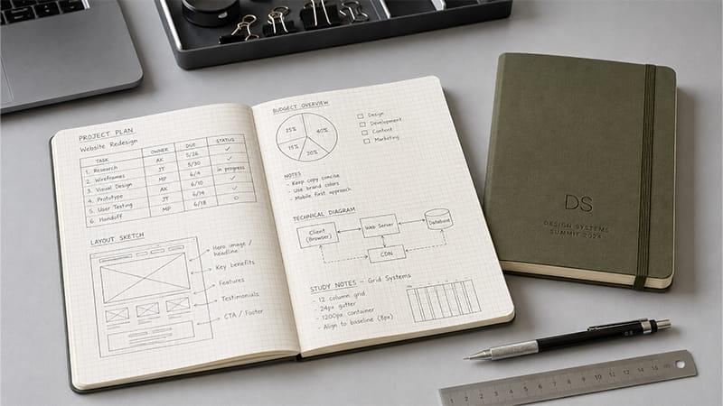 A5 grid notebook open to project plans, diagrams, and structured notes