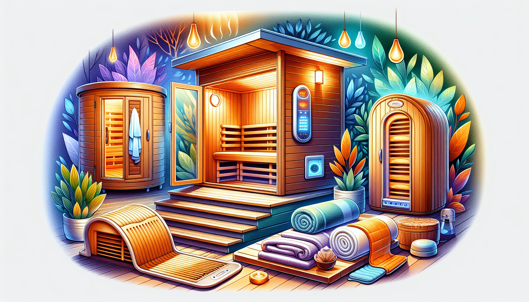 Different types of infrared saunas including portable and traditional models.
