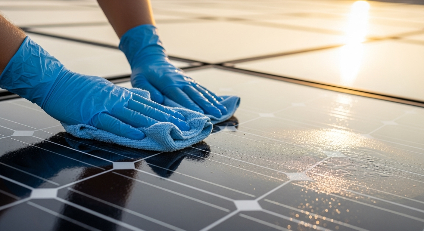 Na zdjęciu czyszczenie paneli fotowoltaicznych