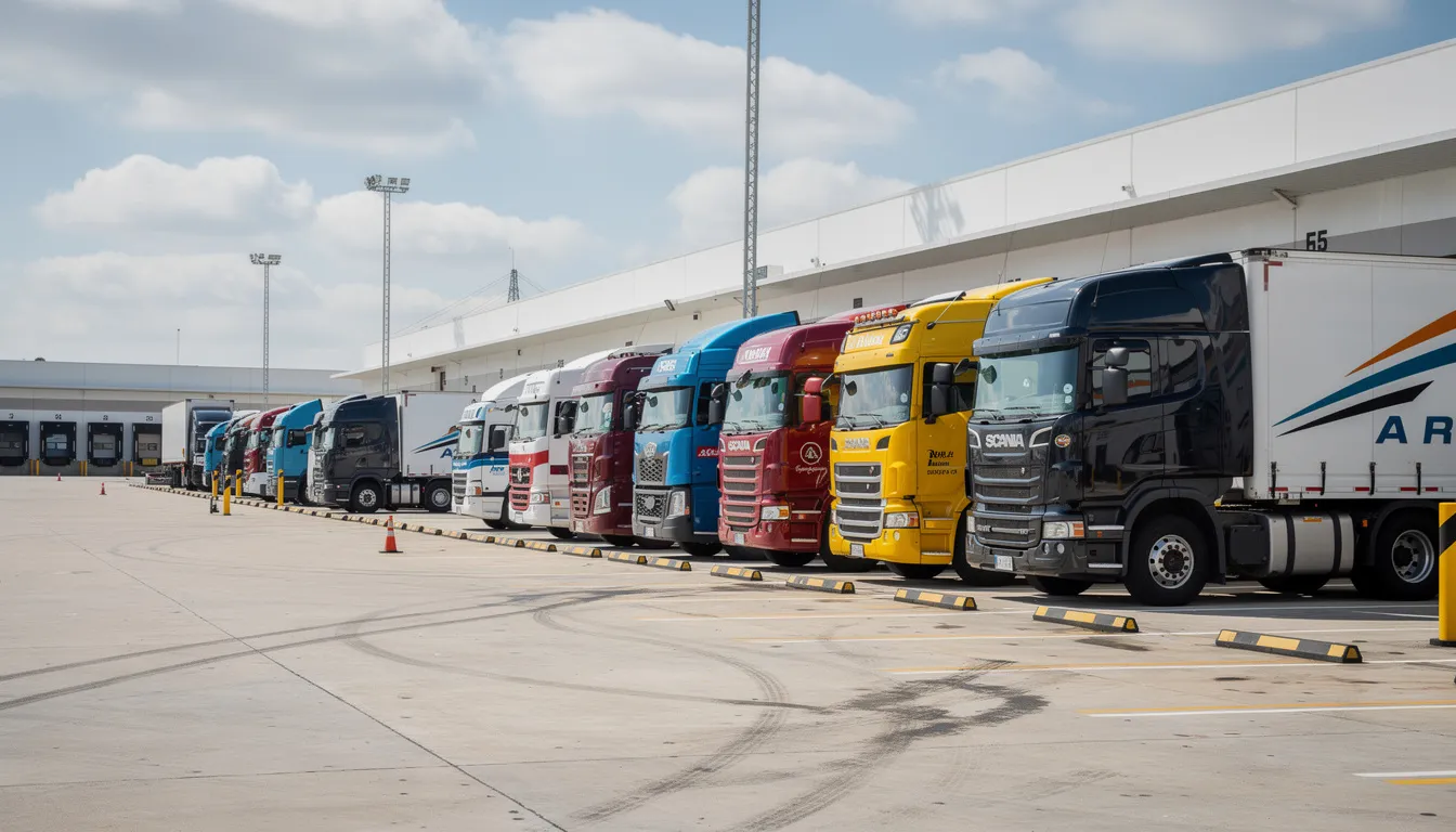 A fleet of commercial trucks is neatly parked in a row at a trucking terminal, showcasing a variety of vehicle types used in fleet operations. This image highlights the importance of electronic logging devices (ELDs) for compliance and operational efficiency in the trucking industry.