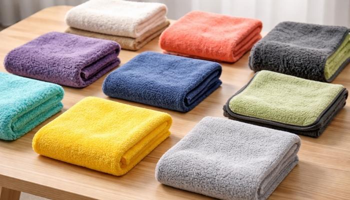 Microfiber towels of different GSM are folded on a table