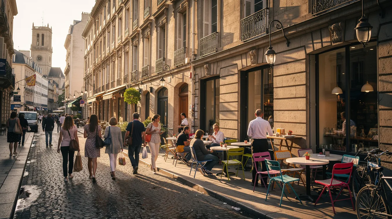 A bustling European city street features historic stone buildings, outdoor cafés filled with patrons, and pedestrians moving about, illustrating the vibrant life in one of the most expensive cities in the world. This scene captures the high living costs and housing prices that characterize many iconic cities, making it a significant location for both residents and expatriates.
