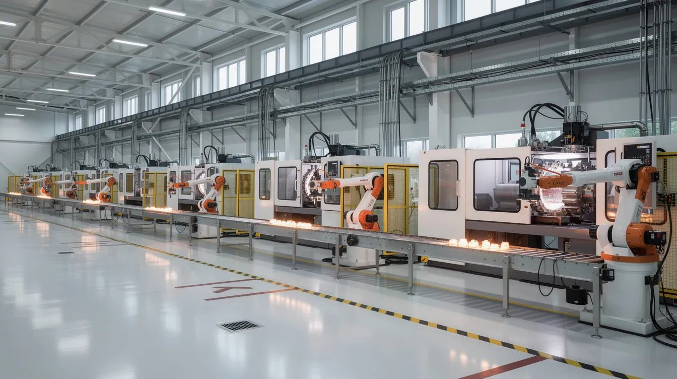 The image depicts a modern factory floor featuring rows of high-pressure die casting machines and robotic arms, all within a clean and well-lit facility. This advanced setup illustrates the die casting process, emphasizing the use of cutting-edge technology and industrial equipment in the aluminum die casting industry.
