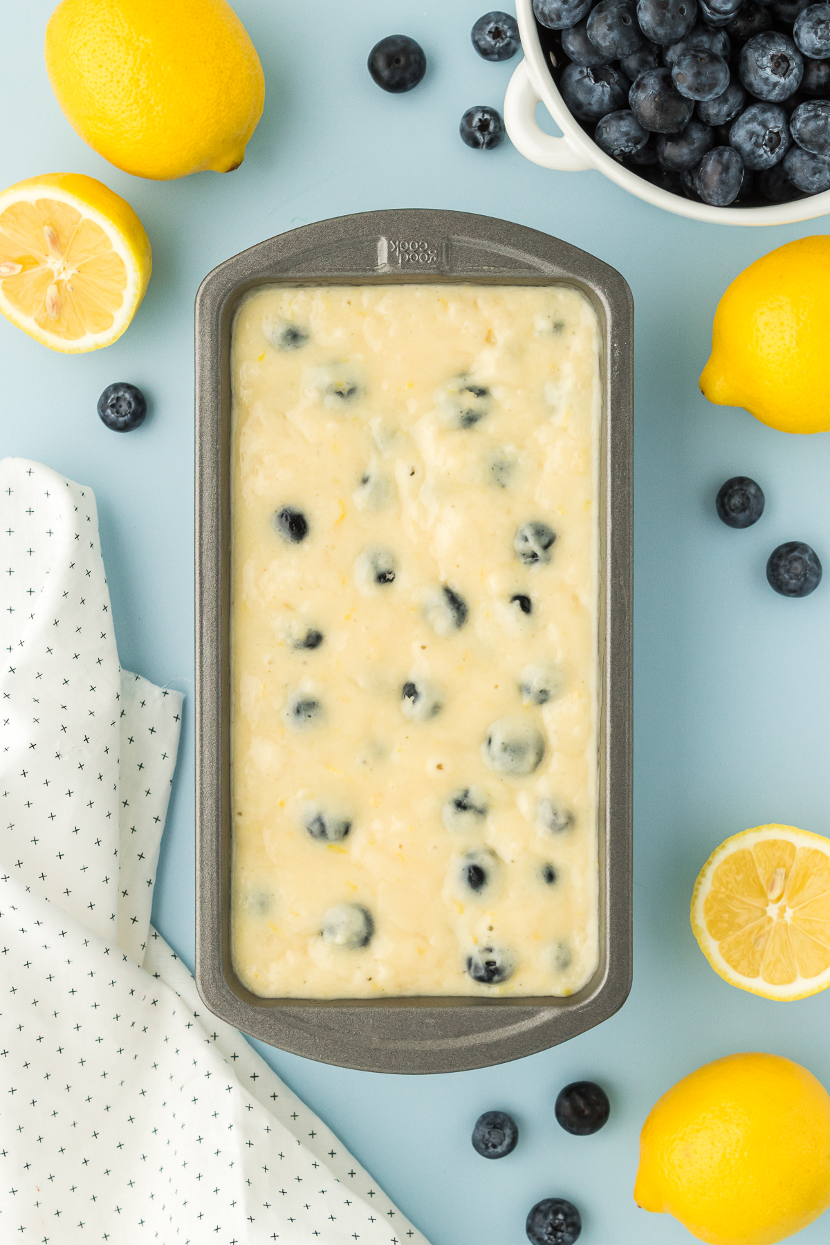 unbaked blueberry lemon bread in loaf pan