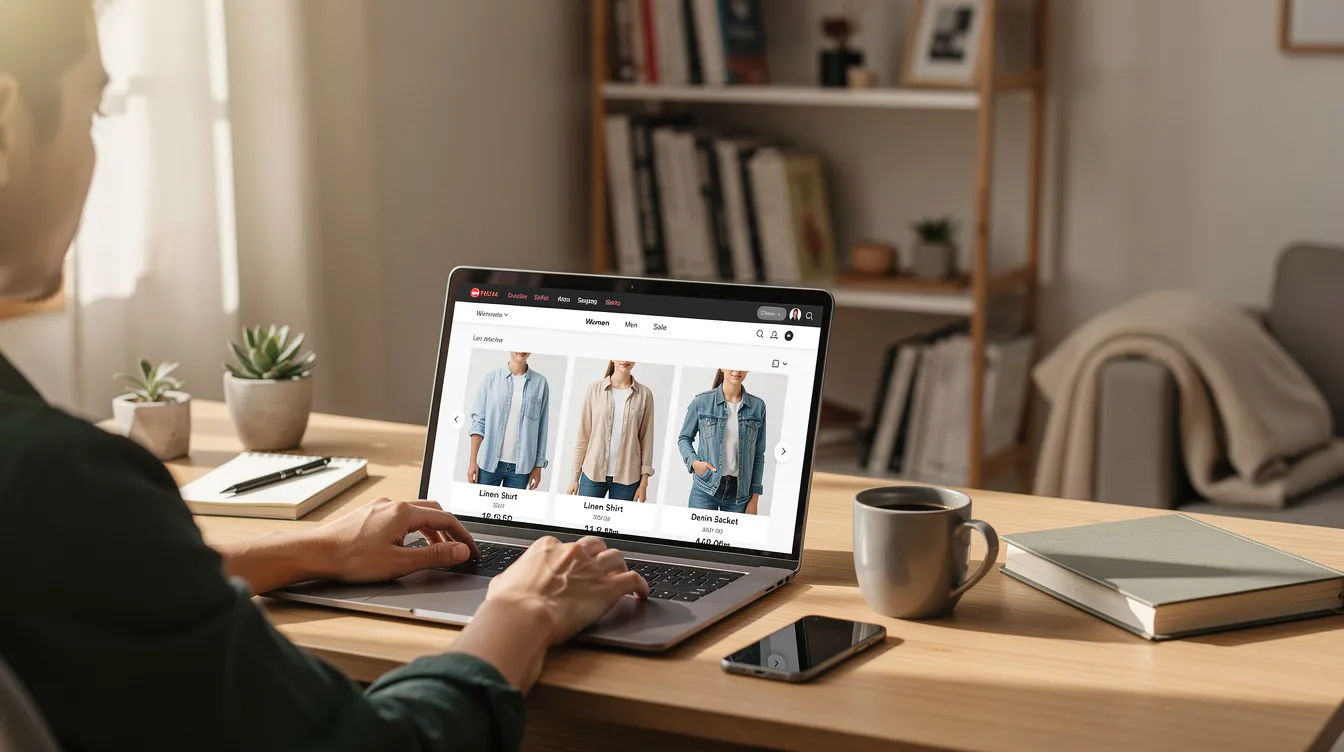 Eine Person sitzt an einem Schreibtisch in einem Heimbüro und stöbert auf einem Laptop durch Kleidungsstücke. Das deutet darauf hin, dass sie Dropshipping-Geschäftsideen für einen Online-Shop erforscht. Die Umgebung bietet eine gemütliche Atmosphäre mit Wohndekoration, was auf eine komfortable Umgebung für die Erforschung profitabler Geschäftsmodelle hindeutet.