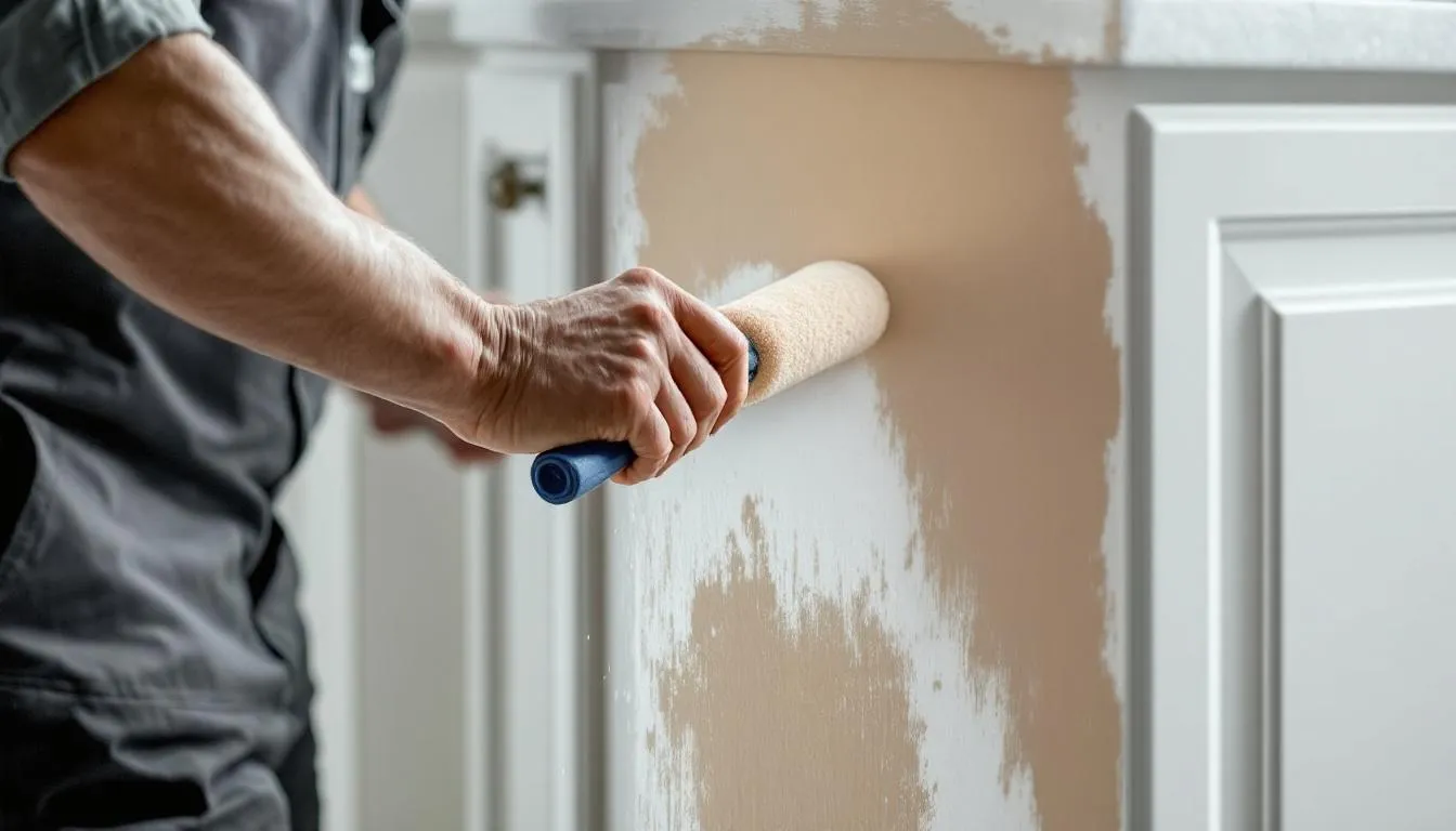 A professional painter is applying a smooth paint finish to white laminate cabinet doors using a foam roller technique, ensuring a flawless and seamless surface. The process involves careful prep work, including light sanding and the application of multiple thin coats for a durable and glossy result.