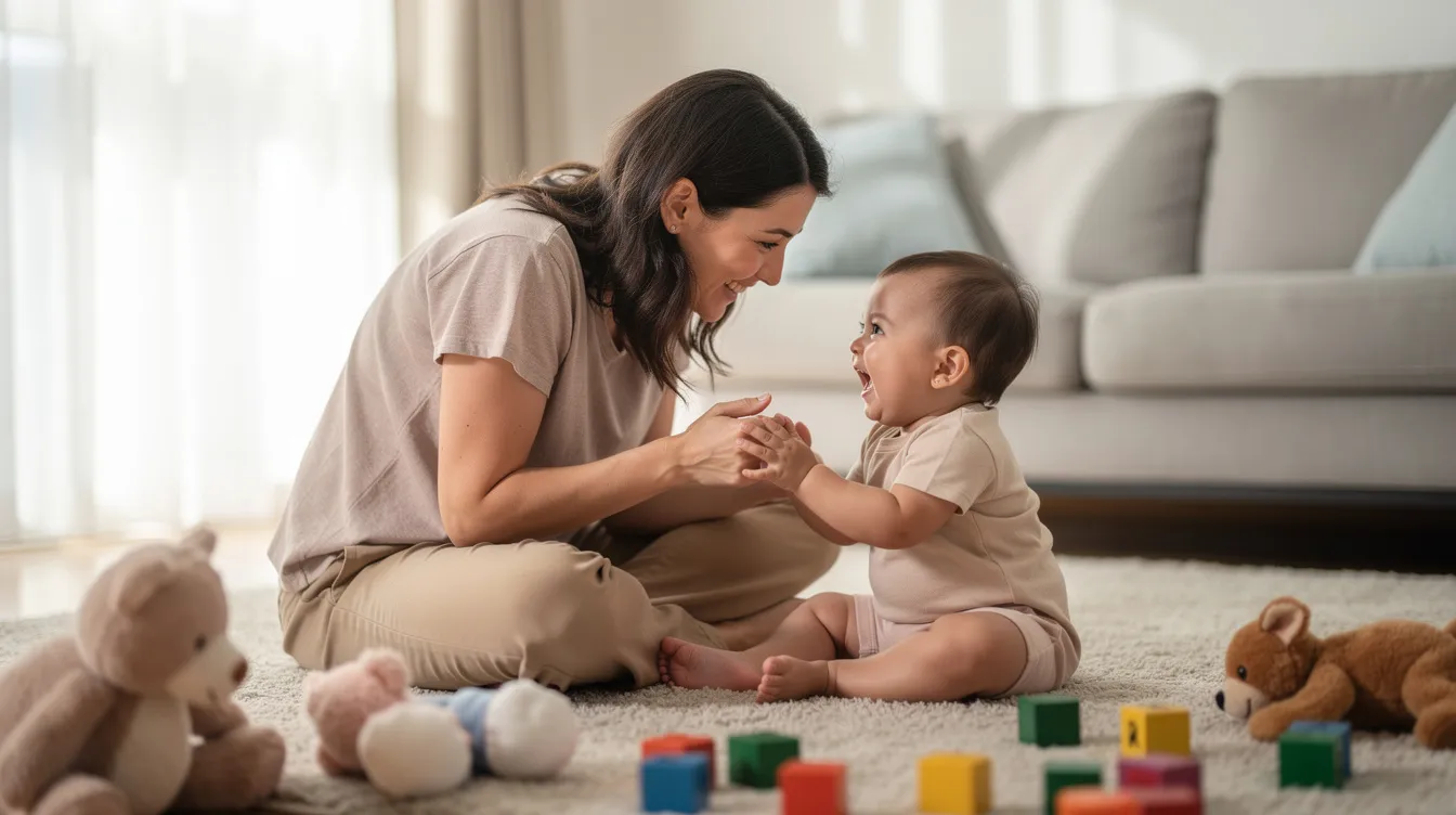 A parent and baby are joyfully engaged in face-to-face playtime, fostering the child's speech and language development through interactive communication and social interaction. This nurturing moment supports the baby's ability to learn new words and develop essential language skills.