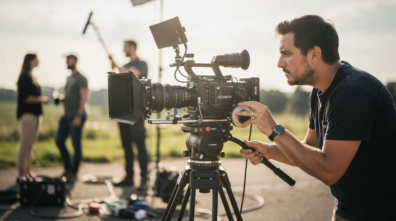 Eine Kameracrew dreht eine Szene im Freien, wobei die Kamera auf einem Stativ mit einer Mattebox montiert ist. Neben der Kamera steht ein Kameraassistent, der mit einem Schärfenrad arbeitet, um die Schärfe der Aufnahme zu kontrollieren und somit Teil des kreativen Prozesses des Filmemachens zu sein.