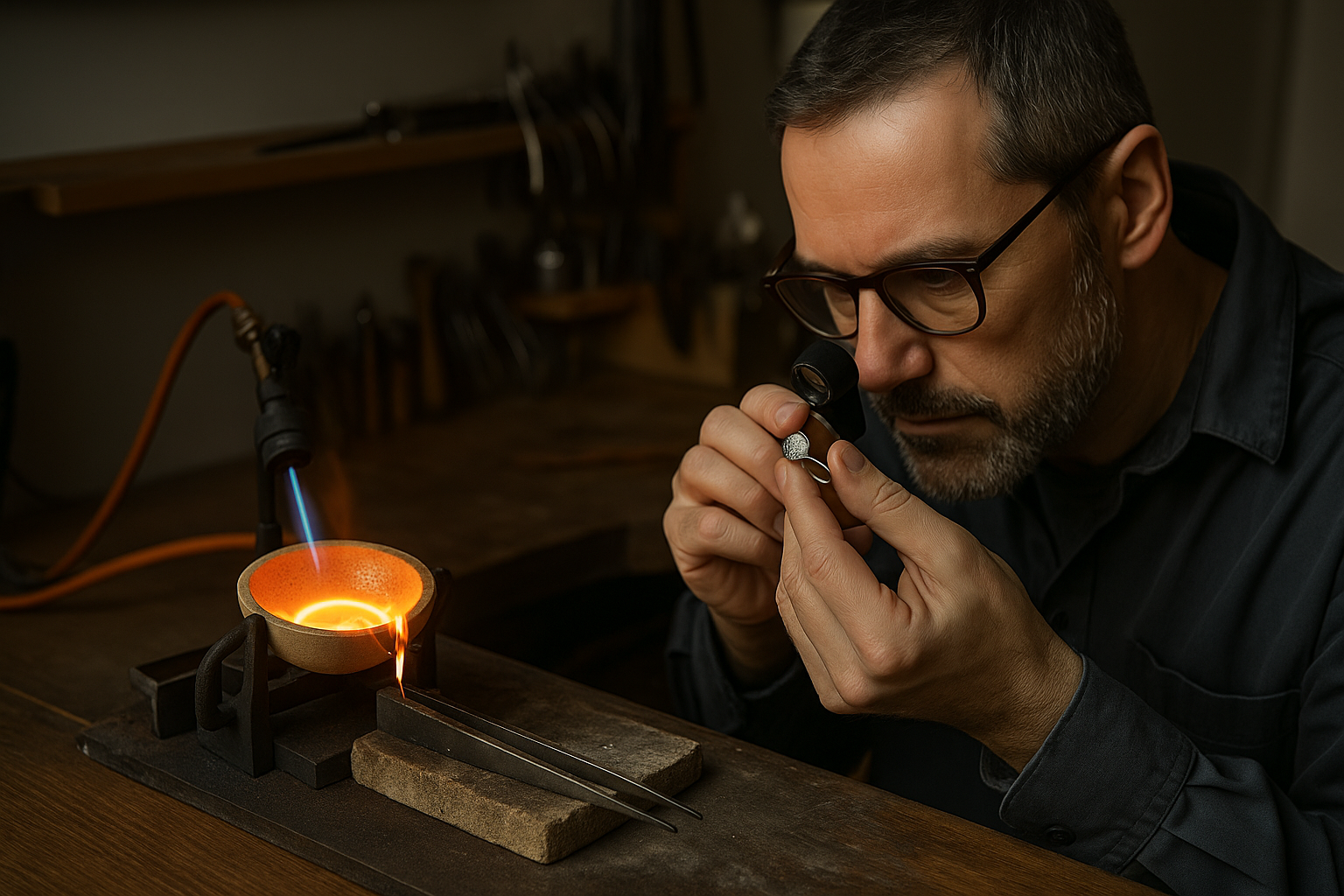 Juvelyras dirbtuvėse tikrina brangakmenį lupa, o šalia vyksta aukso lydymo procesas