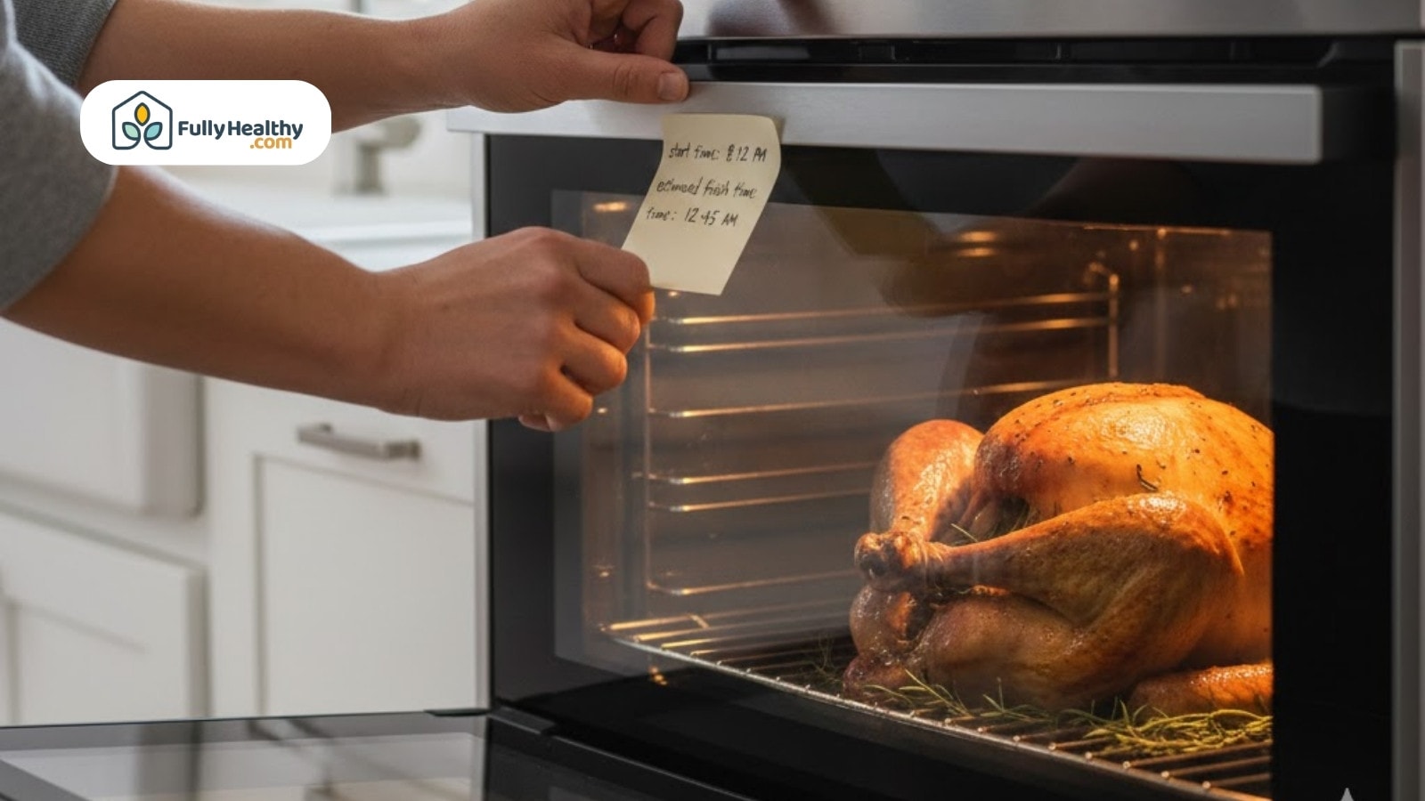 Person placing note on oven door while turkey roasts inside