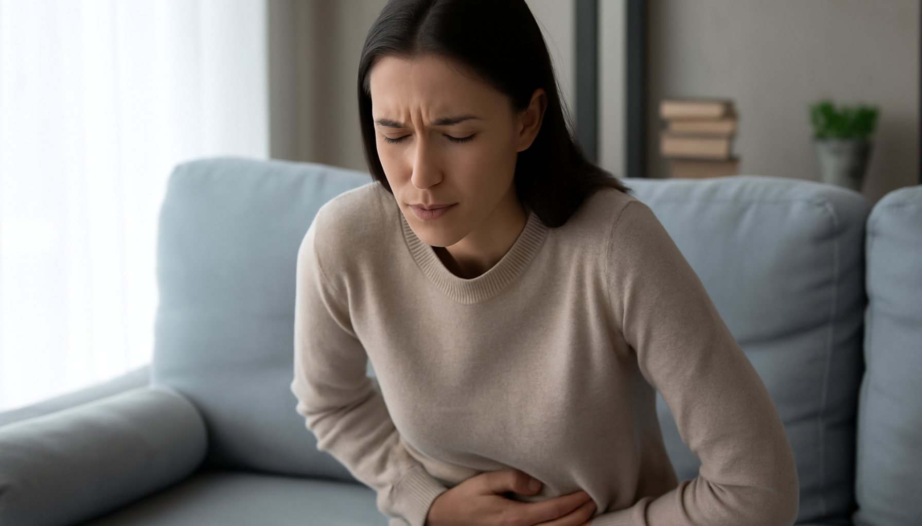 Ung kvinne sitter på sofa med smerter i magen, et vanlig symptom ved endometriose.