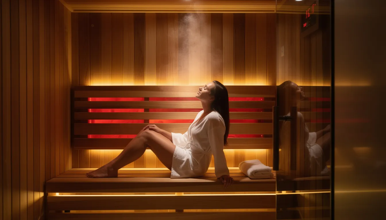 A person is relaxing inside a modern wooden infrared sauna cabin, illuminated by soft ambient lighting, which enhances the soothing atmosphere. This infrared sauna therapy offers various health benefits, including improved circulation, pain relief, and skin rejuvenation.