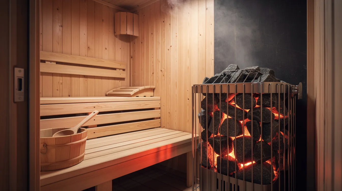 The image shows the interior of a sauna cabin featuring a sauna heater with heating elements and stones, creating a warm and inviting sauna space. The design emphasizes proper ventilation and energy efficiency, enhancing the overall sauna experience.