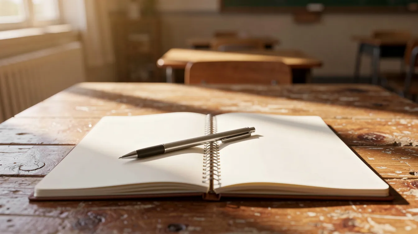 Na drewnianym biurku szkolnym leży otwarty zeszyt z długopisem, a ciepłe światło wpada przez okno, tworząc przytulną atmosferę do pracy psychologa szkolnego. Obrazek może symbolizować dokumentację działań profilaktycznych oraz przykładowe wpisy do dziennika psychologa, które są istotne w procesie wsparcia emocjonalnego dzieci.