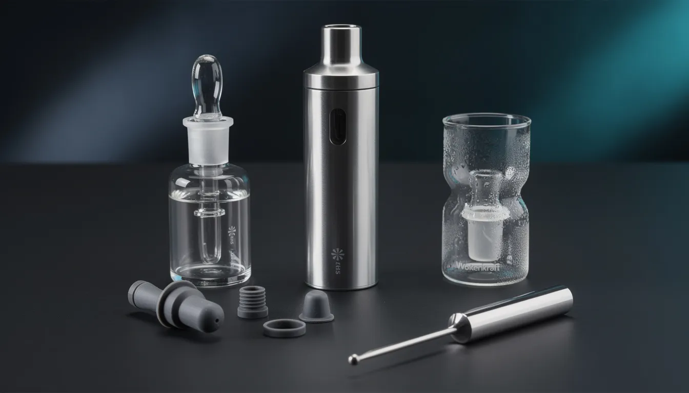 Zubehör für den Wolkenkraft Äris Ultra, einschließlich Bubbler und Wasserfilter.