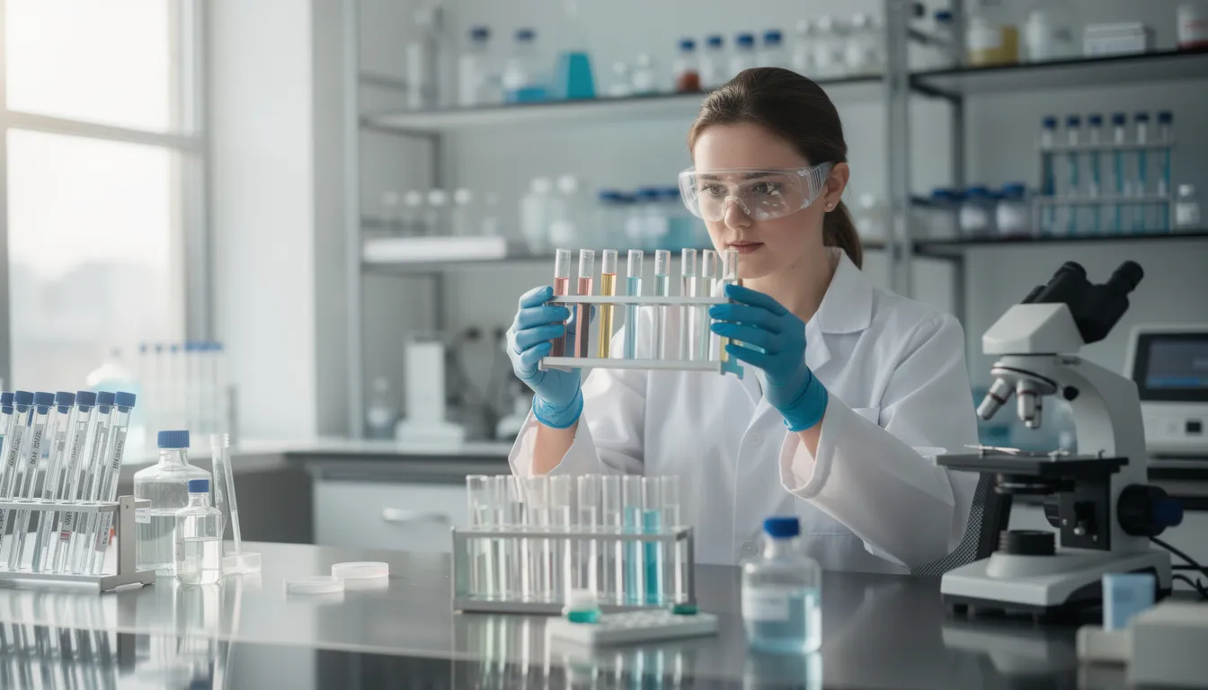 A laboratory scientist is focused on examining test tubes and samples in a modern research facility illuminated by natural light, highlighting the ongoing efforts to support healthy aging and promote longevity through innovative anti-aging supplements. The scene reflects a commitment to understanding the health benefits of various compounds, including antioxidants and their role in cellular health and cognitive function.