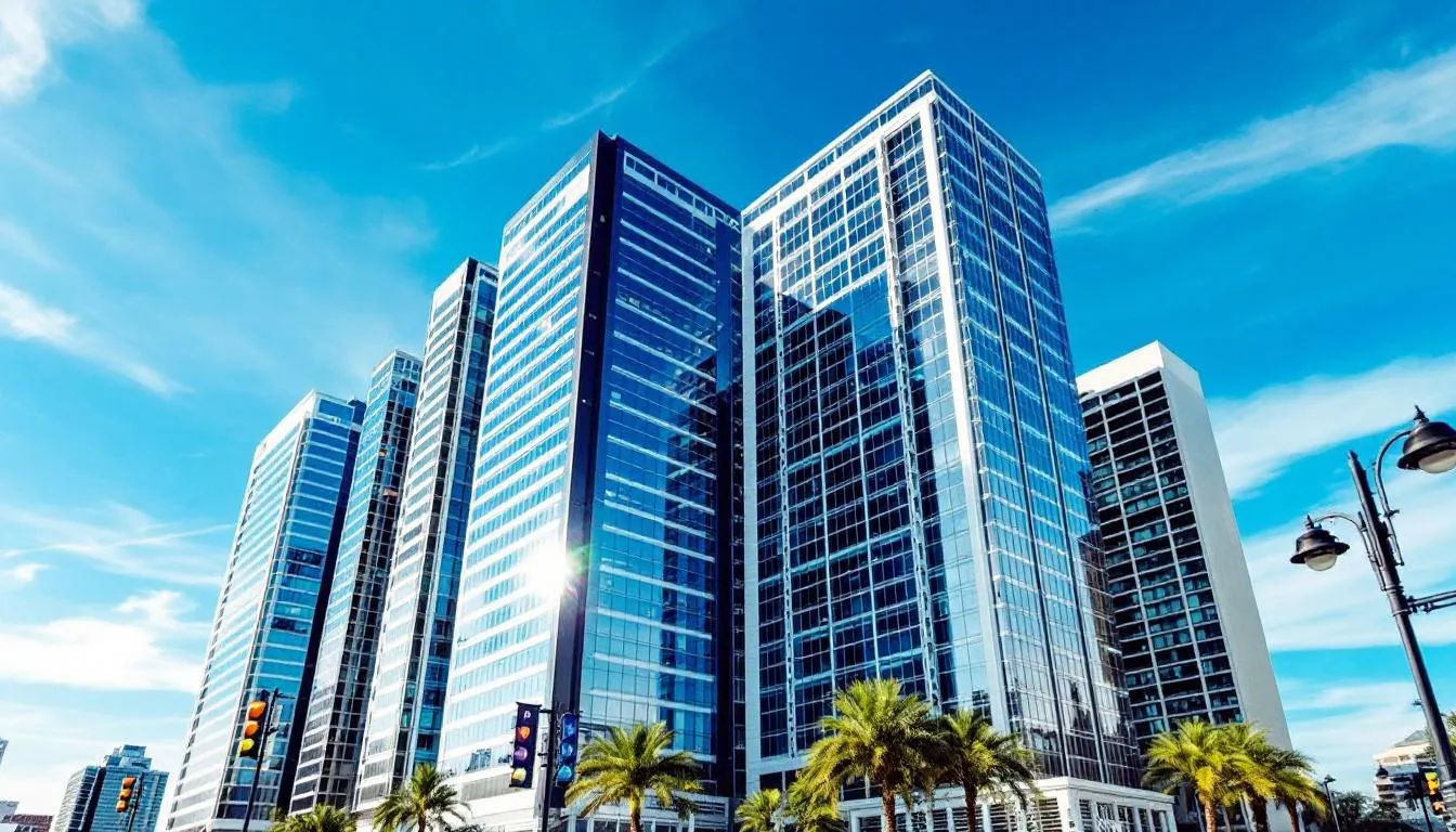 The image depicts the skyline of Orlando's business district, showcasing modern office buildings that reflect the city's vibrant economic growth. This dynamic environment is home to various digital marketing agencies and creative firms, focusing on strategic marketing to help businesses achieve their goals.