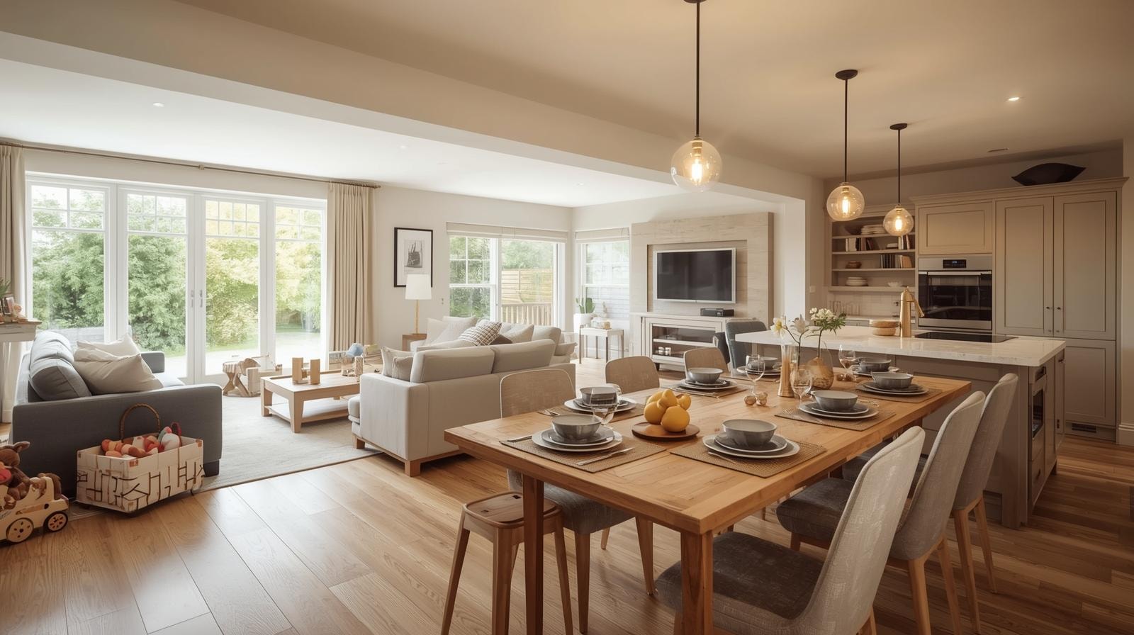 Open plan family living dining room designated with specifc zones