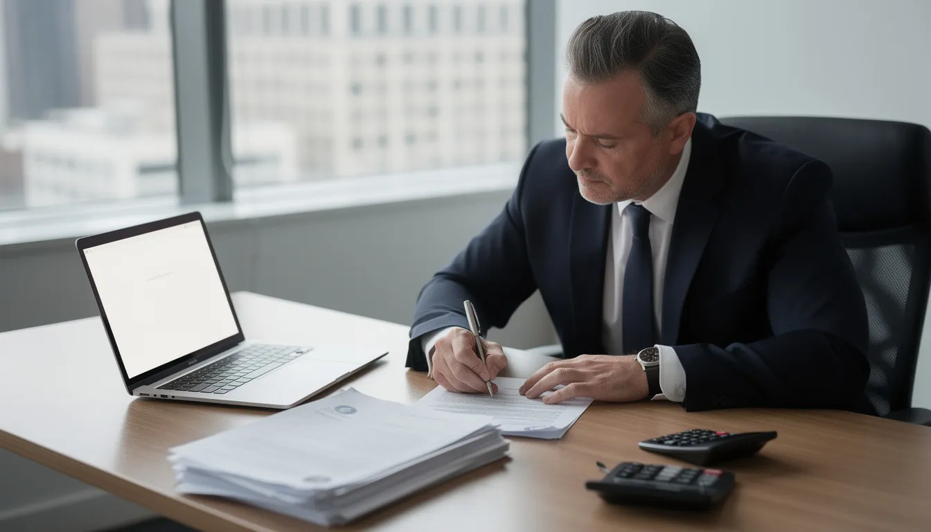 Na zdjęciu widoczny jest biznesmen podpisujący dokumenty przy biurku, na którym znajduje się laptop i kalkulator. Mężczyzna zajmuje się formalnościami związanymi z usługami faktoringowymi, co może dotyczyć takich kwestii jak cesja wierzytelności czy cichy faktoring.