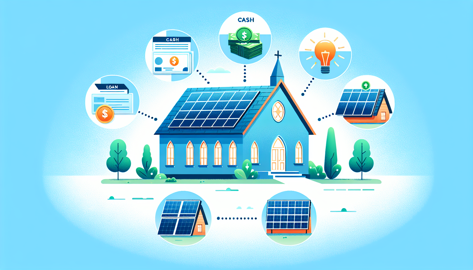 An illustration showing different financing options for solar installations at churches.