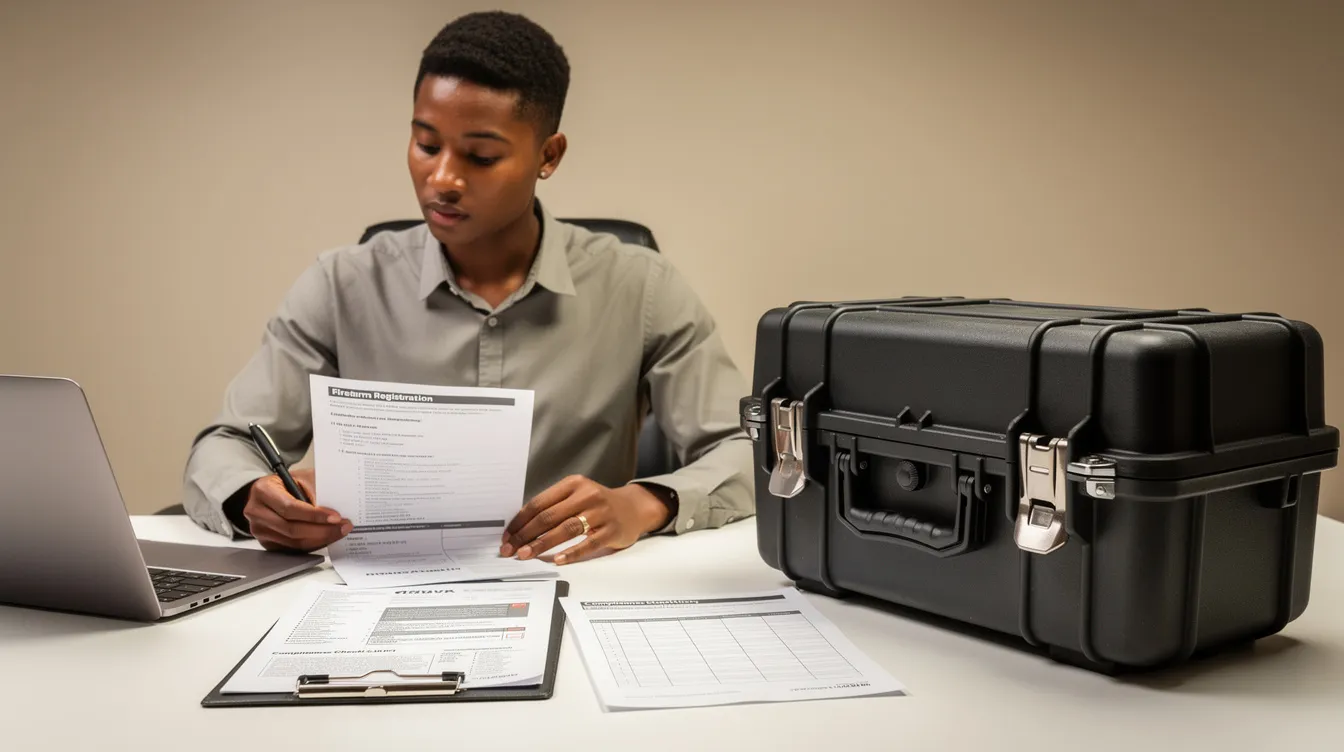 A person is seated at a table, reviewing firearm documents while a locked case containing firearms is visible nearby. This scene reflects the importance of understanding California gun laws and the responsibilities of law-abiding citizens regarding firearm ownership and safety.