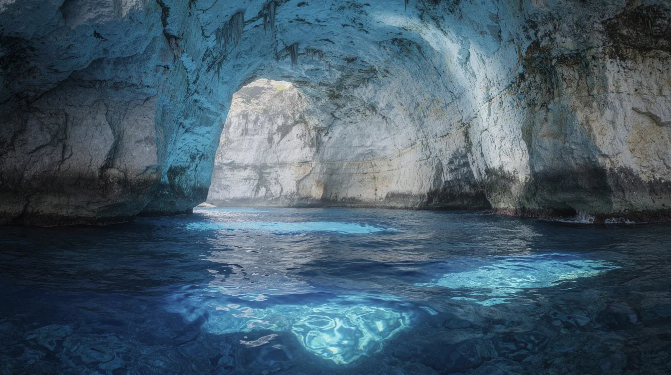 A imagem mostra uma caverna marinha com paredes de calcário que refletem intensos tons de azul, evocando a beleza das Blue Caves em Zakynthos, na Grécia. Este cenário subaquático é um destino popular para passeios de barco, oferecendo uma experiência única nas ilhas jônicas.