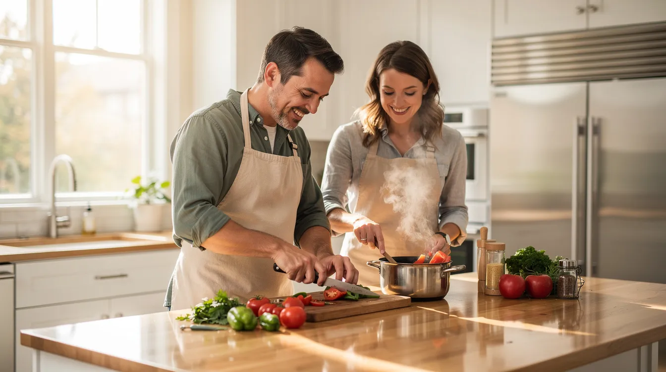 A couple is joyfully cooking together in a bright kitchen, each sharing tasks equally, embodying the values of equality and respect in their romantic relationship. This scene highlights a modern approach to dating life, where gender roles are challenged, and both partners contribute to domestic life on equal terms.