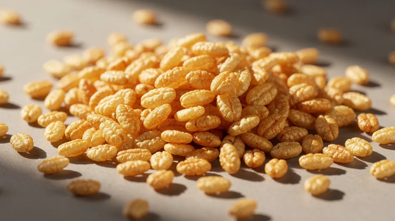 The image shows a spread of golden puffed rice grains on a flat surface, illuminated by natural light, highlighting their texture and color. This representation of puffed rice, a popular snack in the food processing industry, emphasizes its appeal in various culinary applications, including breakfast cereals and street food like bhel puri.