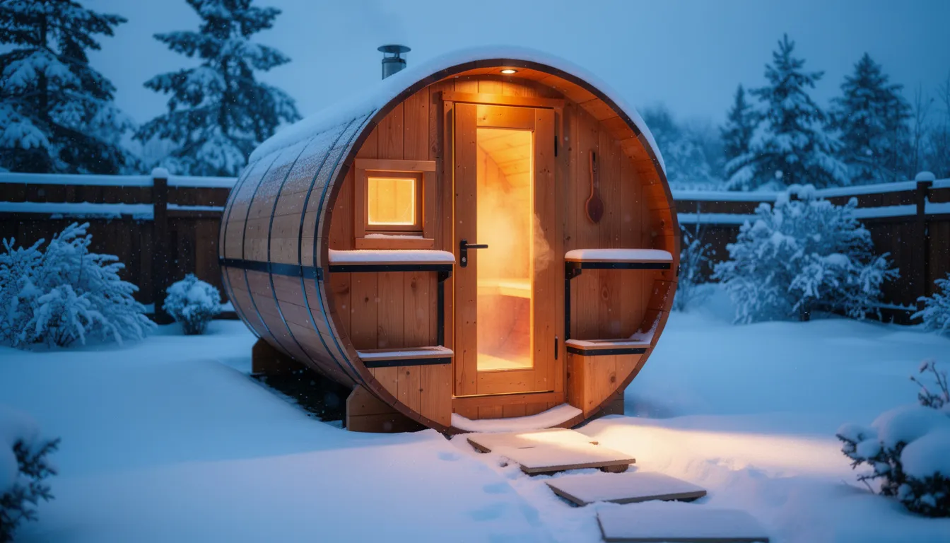 The image depicts a well-maintained cedar barrel sauna nestled in a snowy backyard, showcasing its traditional wood surface and sauna door slightly open, inviting warmth and relaxation. Surrounding the sauna are patches of snow, emphasizing the outdoor sauna experience during winter, while the structure reflects ongoing sauna maintenance for optimal health benefits.