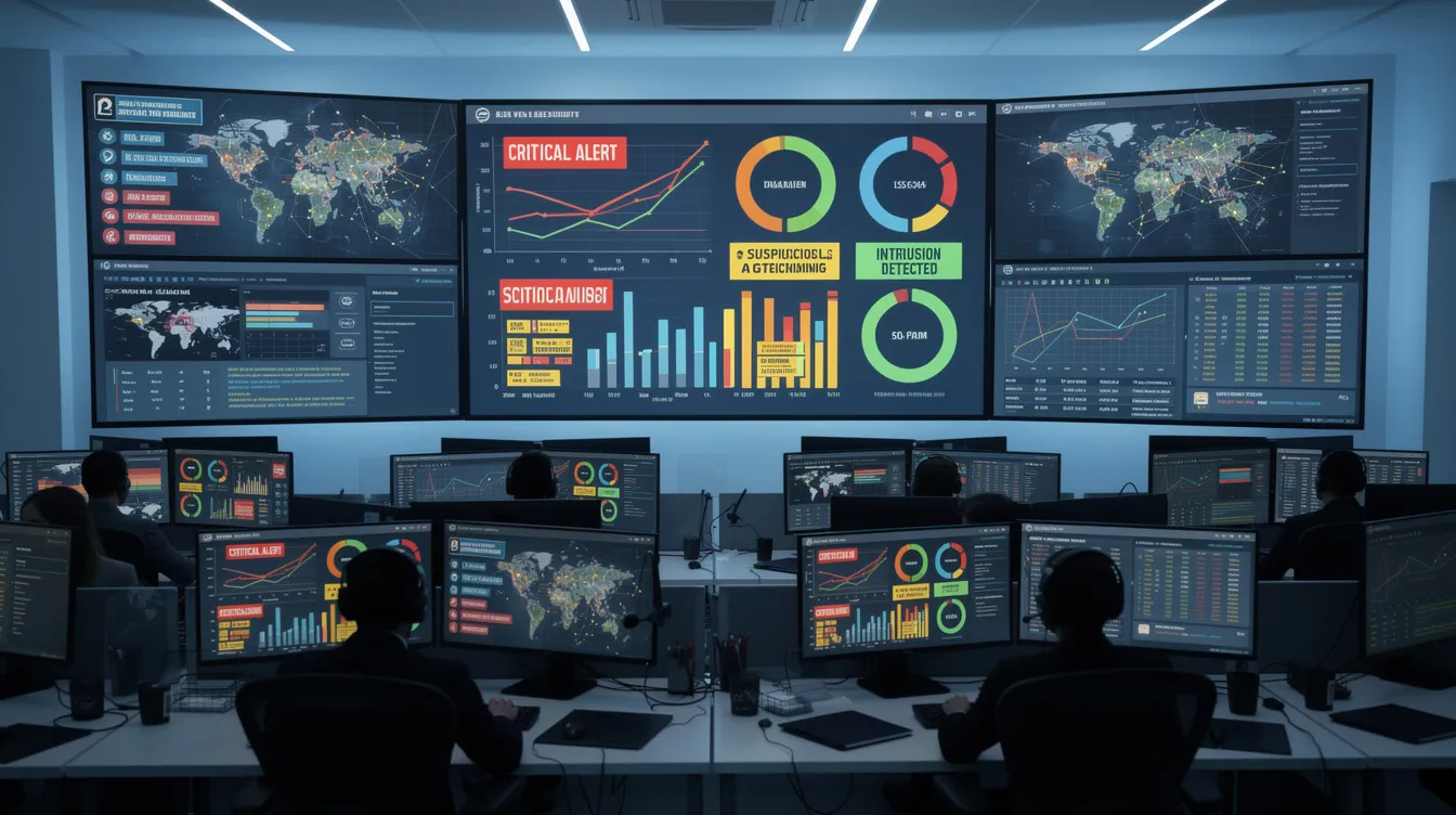 The image depicts a vibrant cybersecurity operations center dashboard filled with colorful alert notifications and monitoring graphs, highlighting various security tools and incident response metrics. It reflects critical aspects of cybersecurity, such as vulnerability management, intrusion detection systems, and the overall focus on cloud security and risk management.