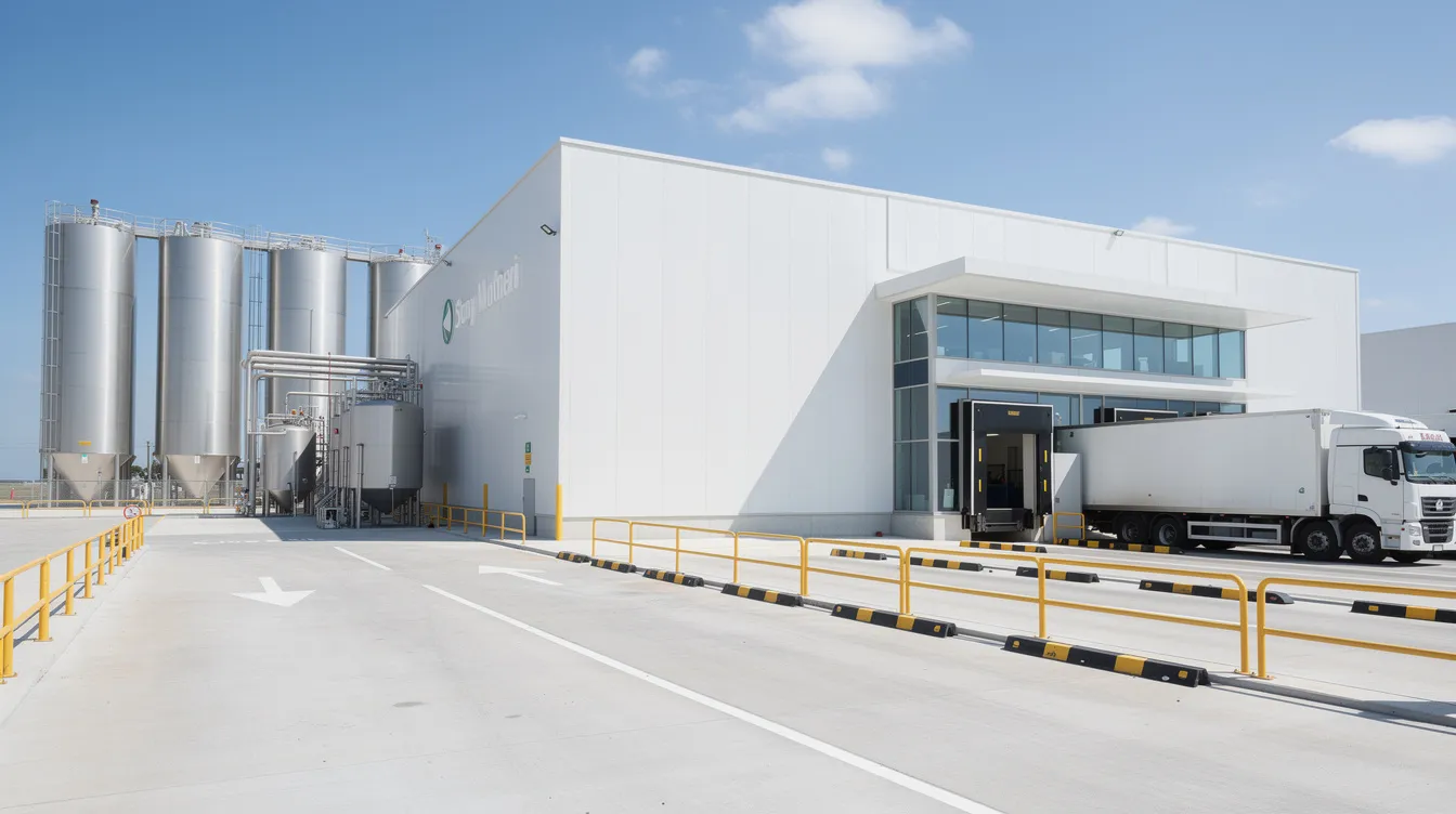 The image shows the exterior of a modern dairy processing plant characterized by clean industrial architecture and a designated loading area, emphasizing its role in whey protein production and processing. This facility is equipped for efficient manufacturing processes, ensuring consistent product quality in the food industry.