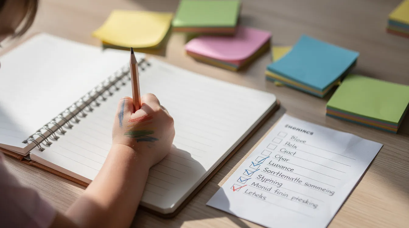 A close-up image shows a child's hand writing in a notebook, surrounded by colorful sticky notes and a visible checklist on the desk. This scene highlights the importance of developing cognitive abilities and memory skills during everyday tasks like homework, which can ultimately affect academic performance.