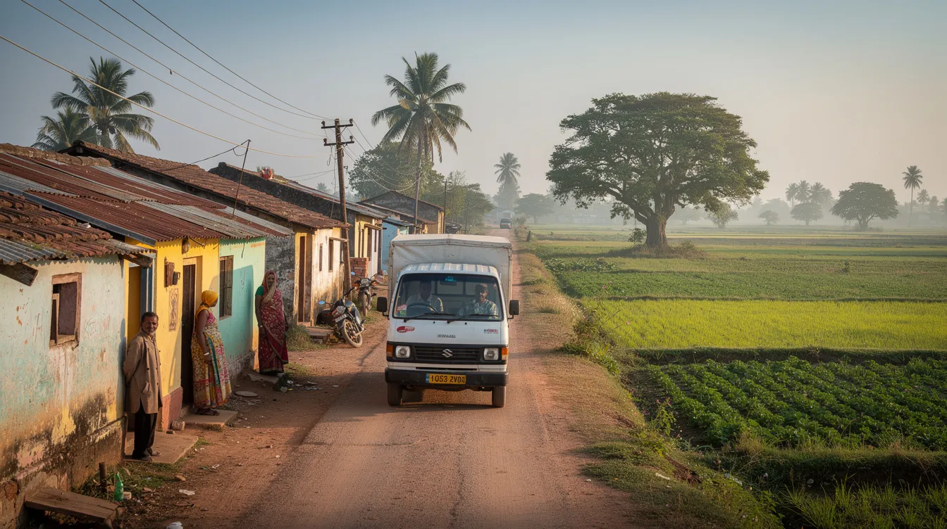 57b67c7a 519e 4e7b 8527 9ccf096b9155 A small delivery van is driving through a rural Indian village, surrounded by lush green fields, symbolizing the transportation of goods for small enterprises. This scene reflects the importance of financial assistance, such as mudra loans, in supporting micro enterprises and enhancing local business activities.