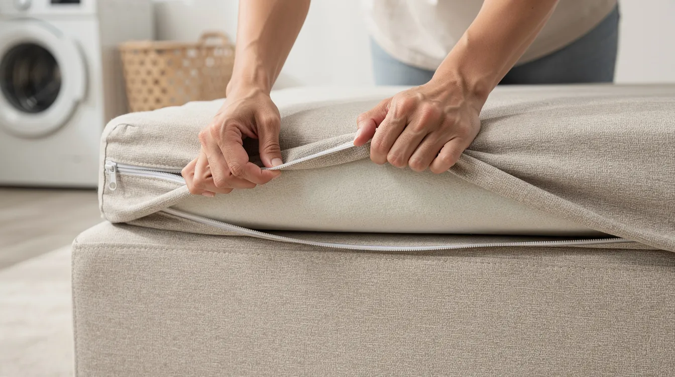 A close-up image shows hands carefully removing a zippered cover from a plush dog sofa bed, designed for easy cleaning and frequent washing, making it ideal for pet owners who want to maintain a fresh and stylish living room décor while ensuring their furry friends' comfort.