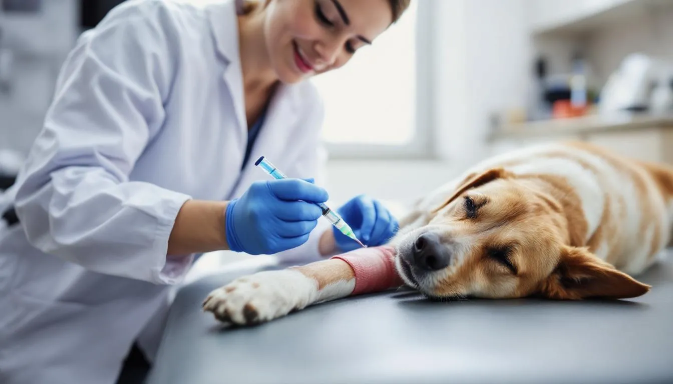 A veterinarian is carefully drawing a blood sample from a dog