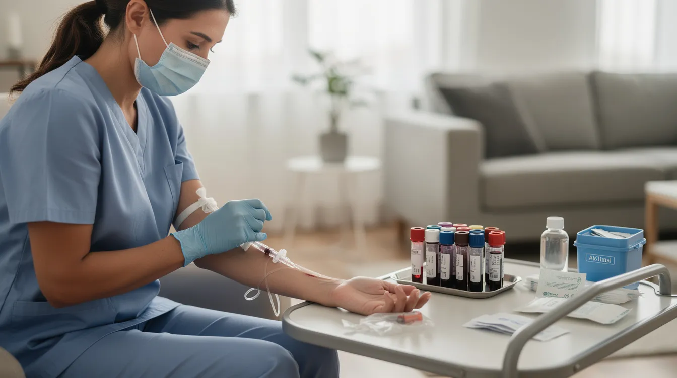 A healthcare professional in sterile gloves is drawing blood from a patient's arm in a clean and well-lit home setting, showcasing the commitment to quality medical care and patient-centered care. The scene highlights the convenience of home visit doctor services, ensuring efficient medical attention in a comfortable environment.
