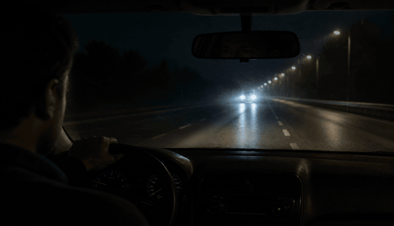 Car driving at night with dim, uneven headlights causing poor road visibility and oncoming car flashing lights.