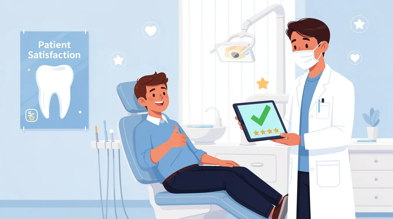The image depicts a dental office environment where a satisfied patient is interacting with a healthcare provider, highlighting the importance of patient satisfaction in dental services. This scene emphasizes the role of effective dental billing and insurance coverage in enhancing the overall patient experience.