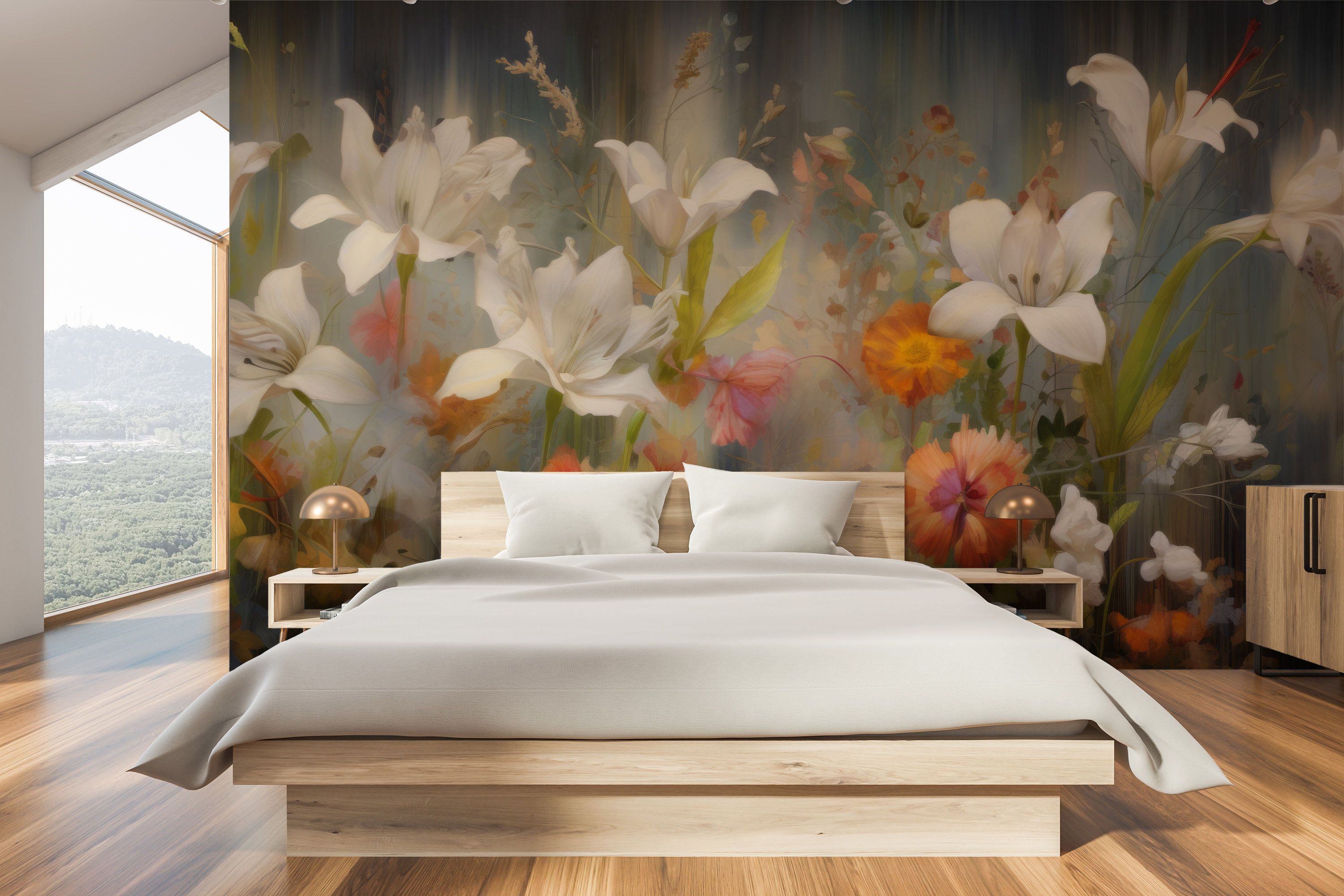 A photo wallpaper with flowers in intense colors that radiate energy and optimism. The expressive colors of the flowers perfectly reflect the dynamic and joyful character, being an excellent choice for interiors full of life.