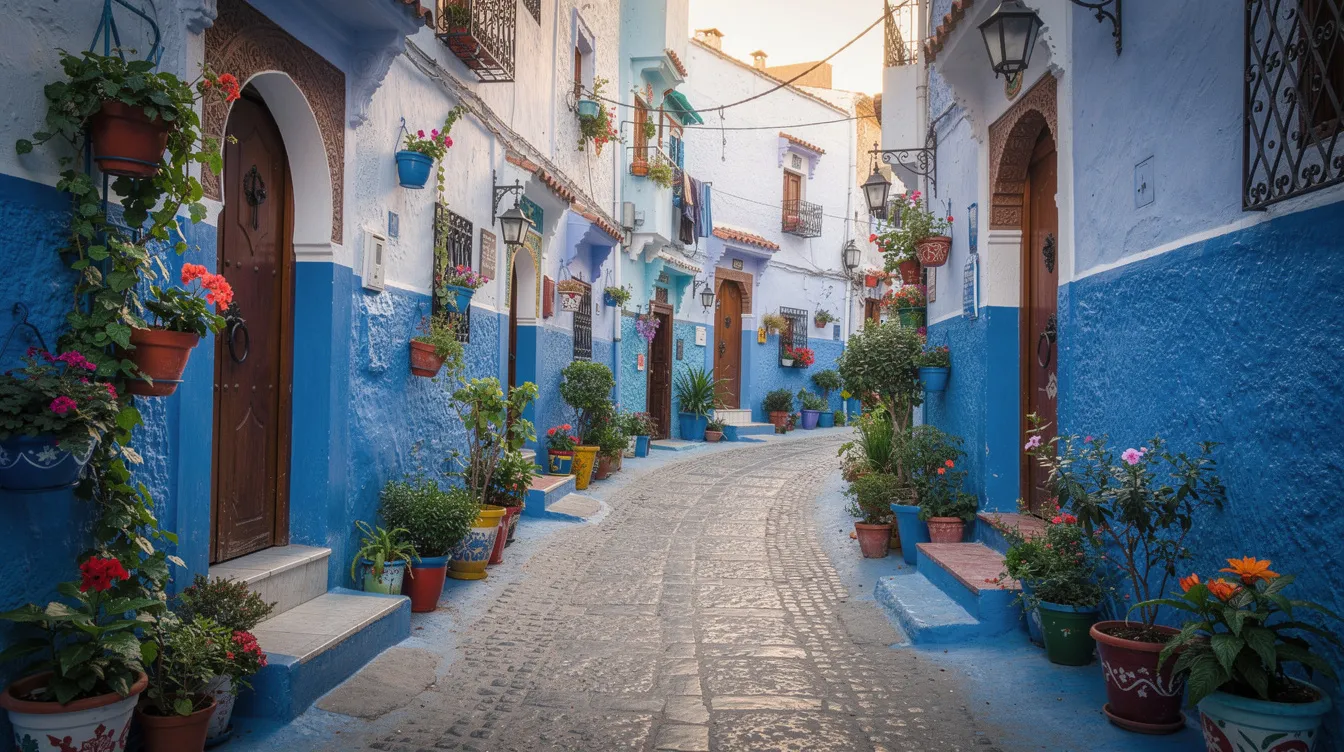 The image showcases the charming blue-painted narrow streets of Chefchaouen, adorned with vibrant potted plants and traditional doorways, inviting visitors to explore this picturesque "blue city" in northern Morocco. The scene captures the essence of pleasant weather and comfortable temperatures, making it an ideal time to visit Morocco in September for those wanting to experience its unique culture and historical sites.