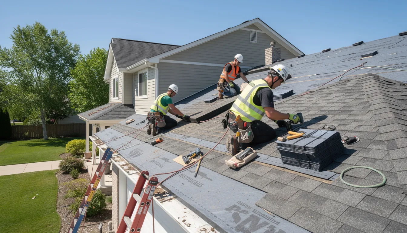 A professional roofing team is diligently working on a residential roof, equipped with safety gear and various roofing materials, including asphalt shingles and metal roofing. This roofing project in South Auckland highlights the importance of reliable roofing services for effective roof installation and maintenance.