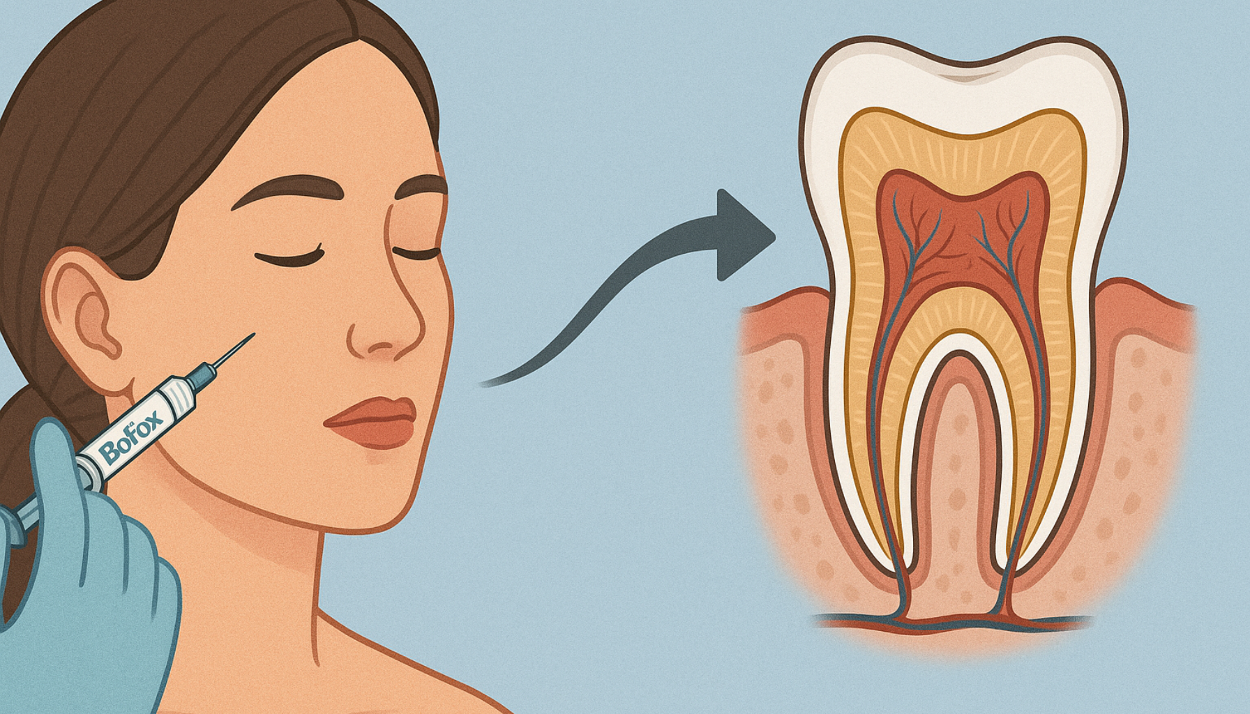 Kvinne får Botox-injeksjon i ansiktet, koblet til tannhelse gjennom illustrasjon som viser sammenheng mellom behandling og tenner.