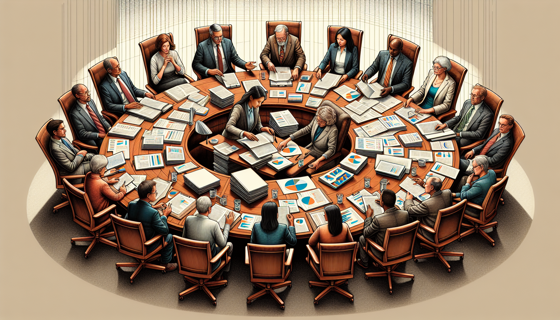 Illustration of nonprofit board members reviewing financial documents